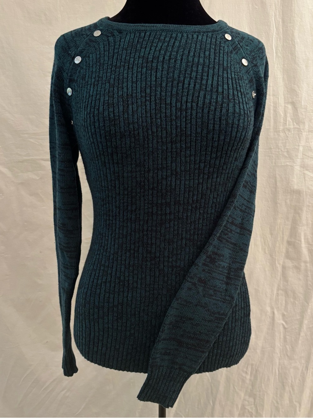 Guess Rib Knit Button Shoulder Sweater Teal Dark Academia Preppy Quiet Luxury